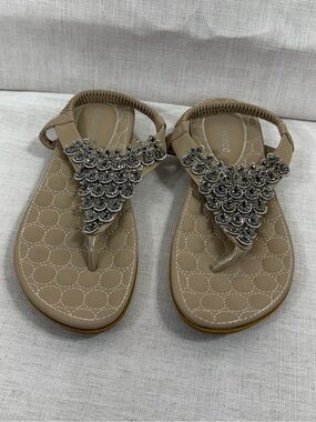 Embellished Taupe Thong Sandals with Elastic Back - Women